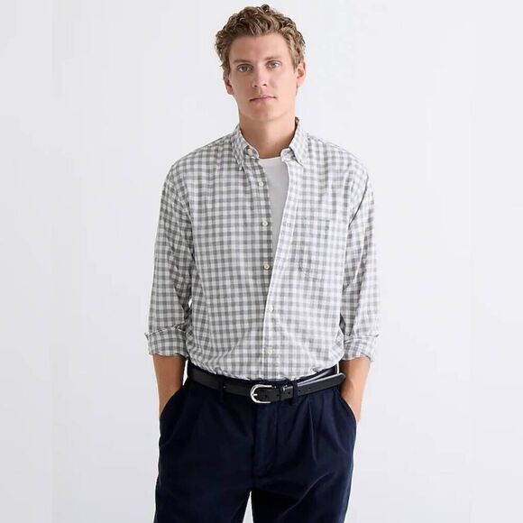 J. Crew Shirt Mens Medium Green Gingham Slim Fit Flex Washed Button-Down Stretch - Picture 1 of 8